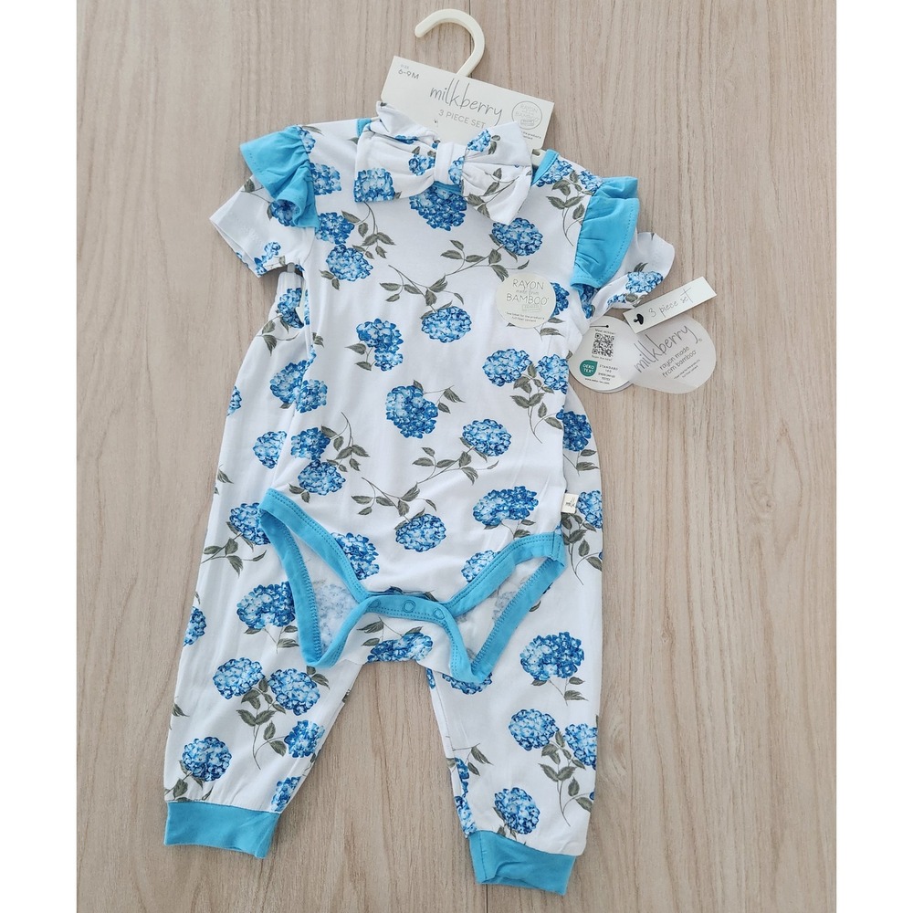 Milkberry Baby Girls 6-9M Blue Hydrangea Bamboo 3 Piece Bodysuit Legging Set NWT